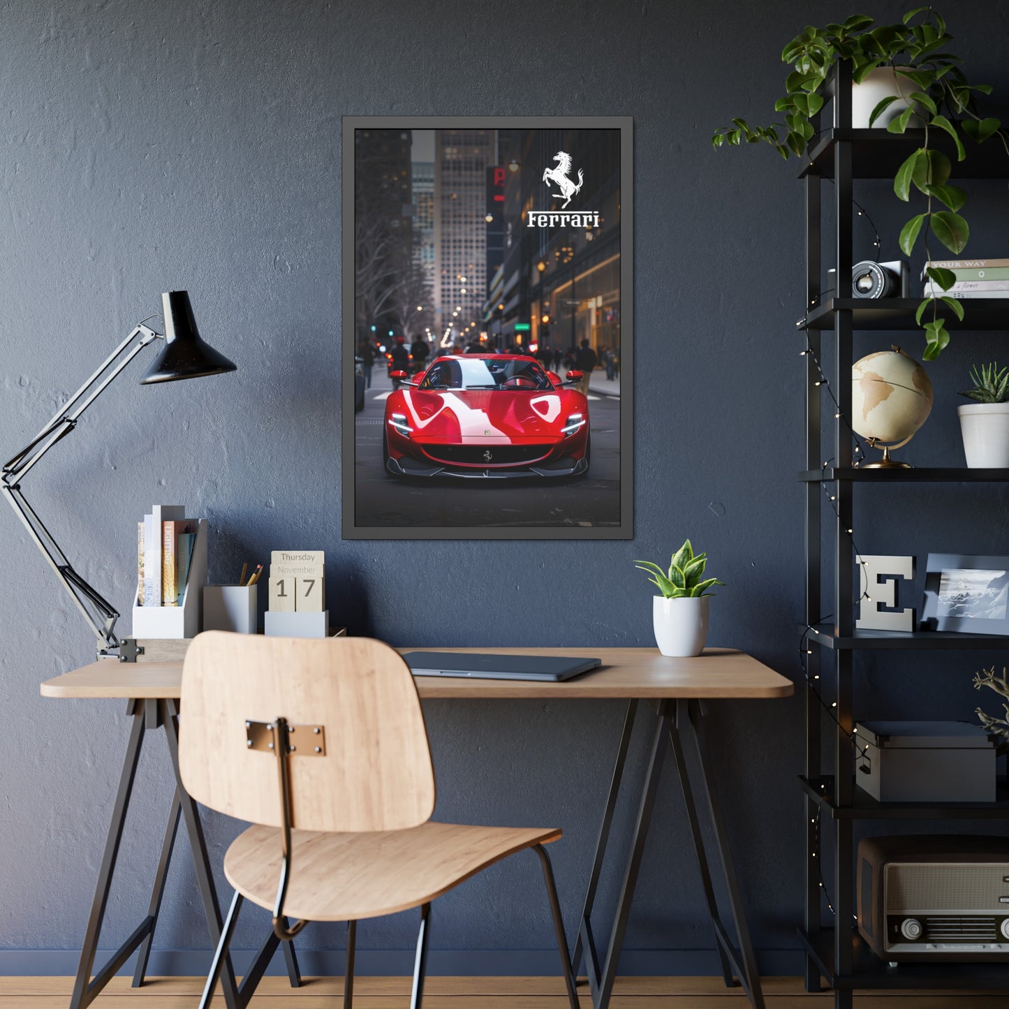 Red Ferrari on the streets of the metropolis (Framed Paper Posters)