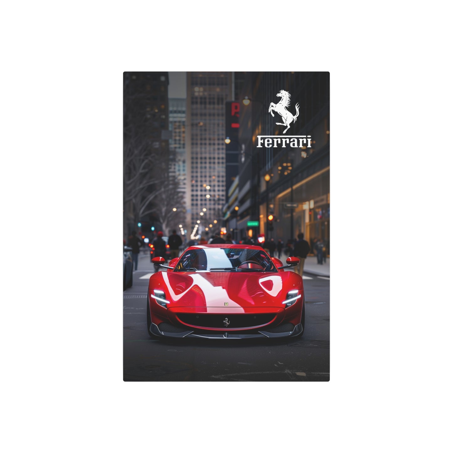 Red Ferrari on the streets of the metropolis (Metal Art Sign)