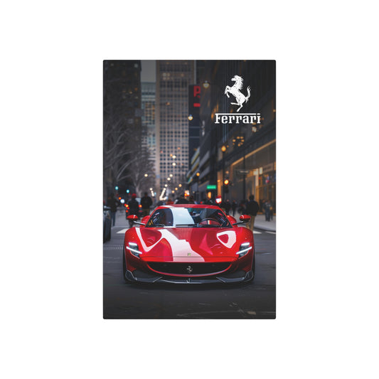 Red Ferrari on the streets of the metropolis (Metal Art Sign)