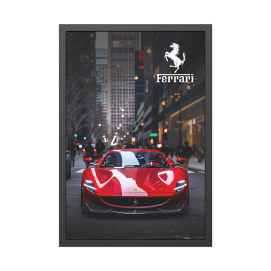 Red Ferrari on the streets of the metropolis (Framed Paper Posters)