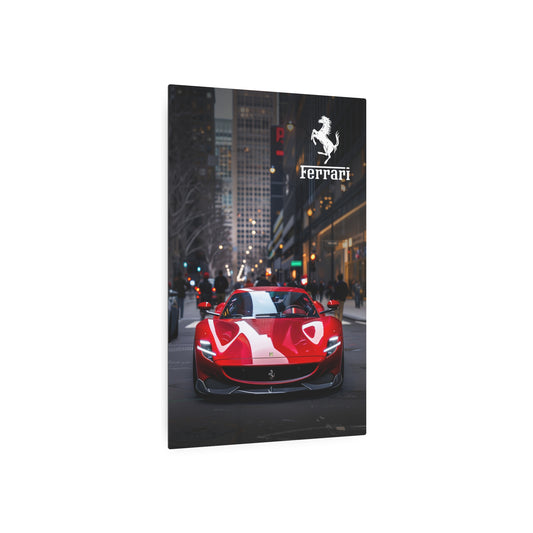 Red Ferrari on the streets of the metropolis (Metal Art Sign)