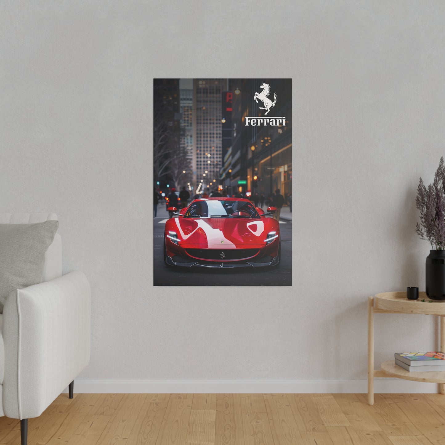 Red Ferrari on the streets of the metropolis (Matte Canvas, Stretched)