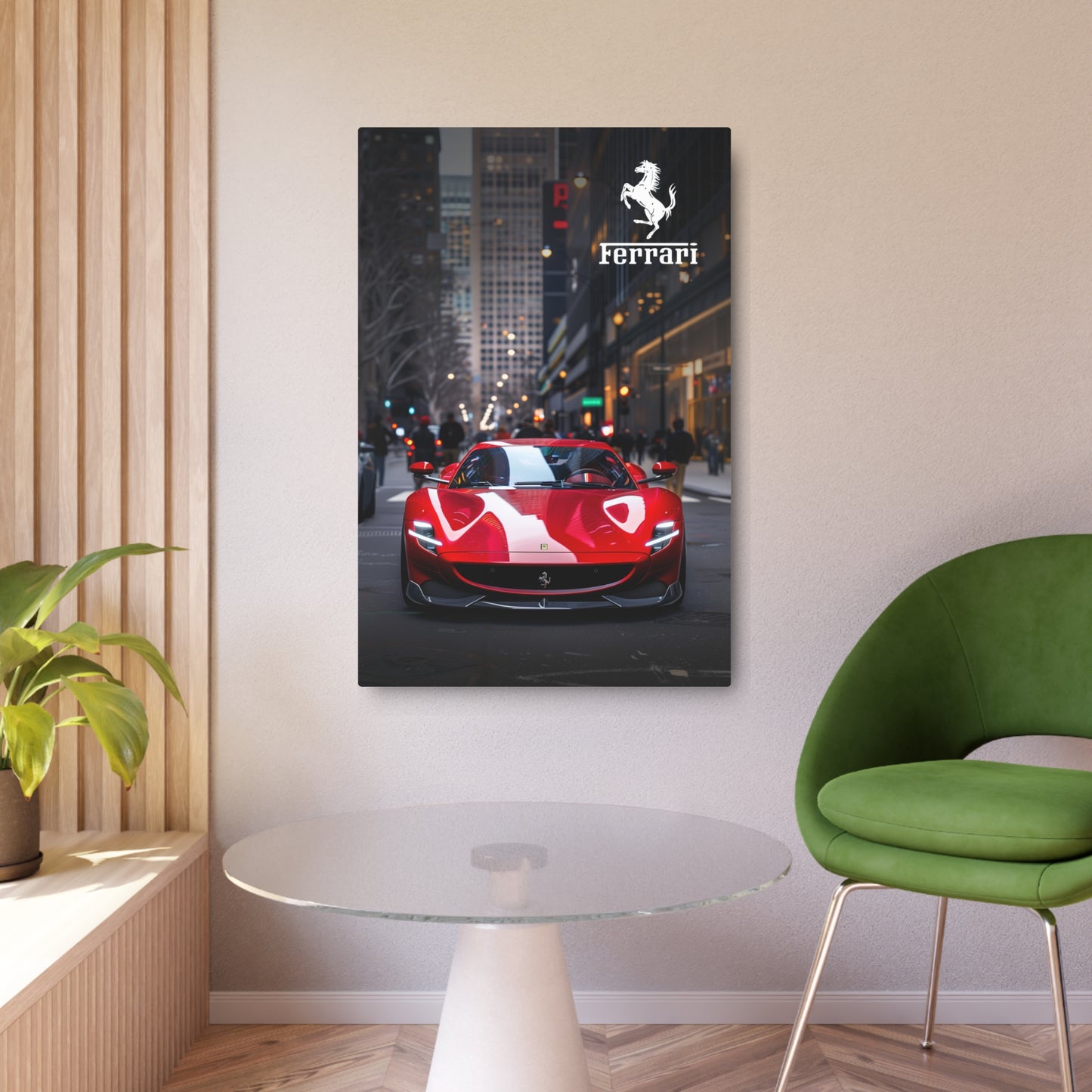 Red Ferrari on the streets of the metropolis (Metal Art Sign)