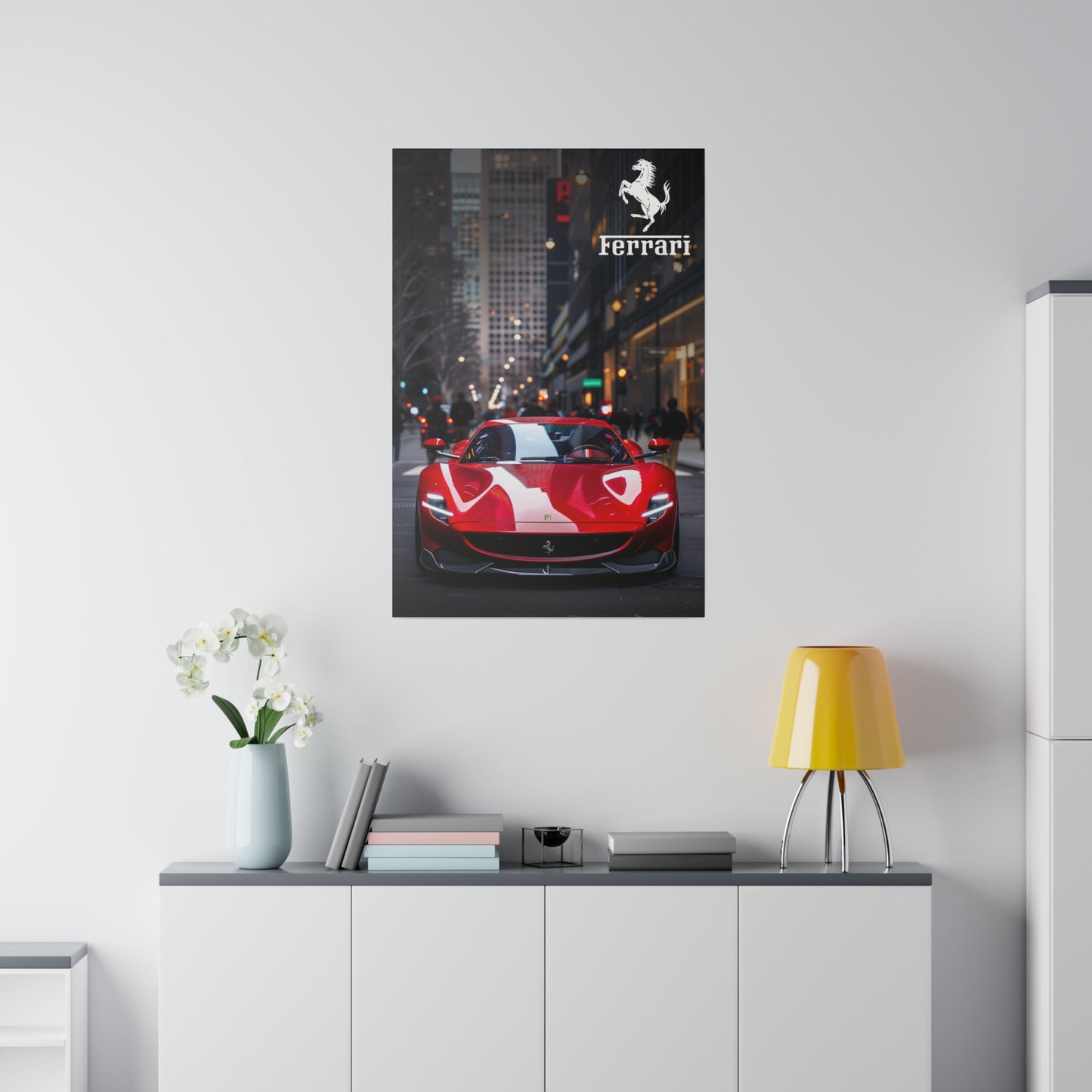 Red Ferrari on the streets of the metropolis (Matte Canvas, Stretched)