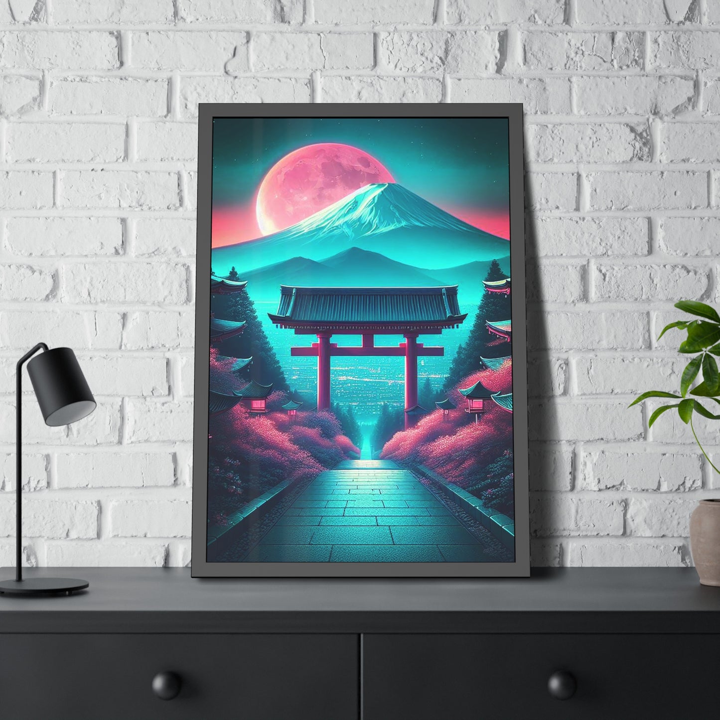 Crimson Moonrise over Sakura (Framed Paper Posters)