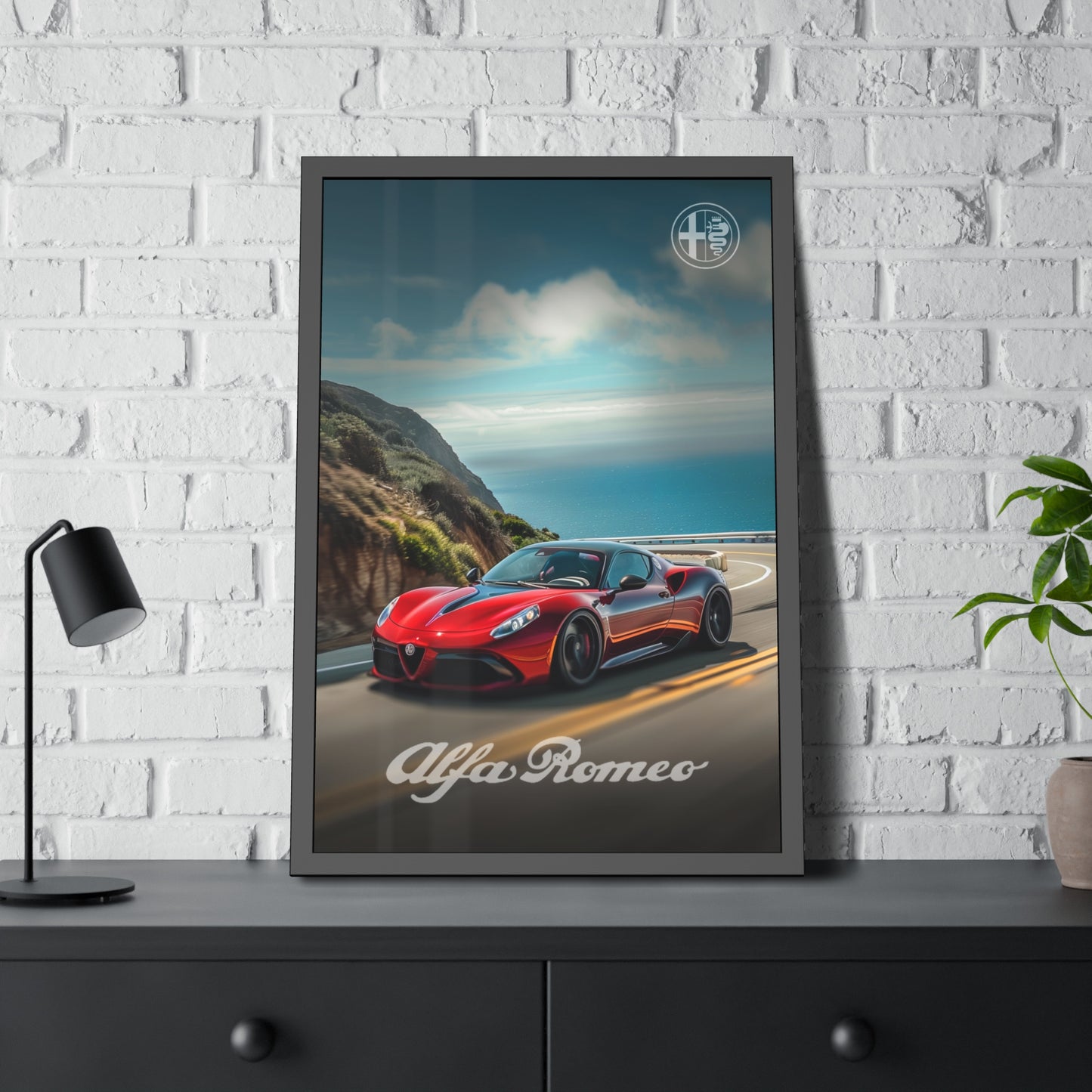 Velocity Aesthetics: Alfa Romeo's Elegance on the Coastal Drive (Framed Paper Posters)