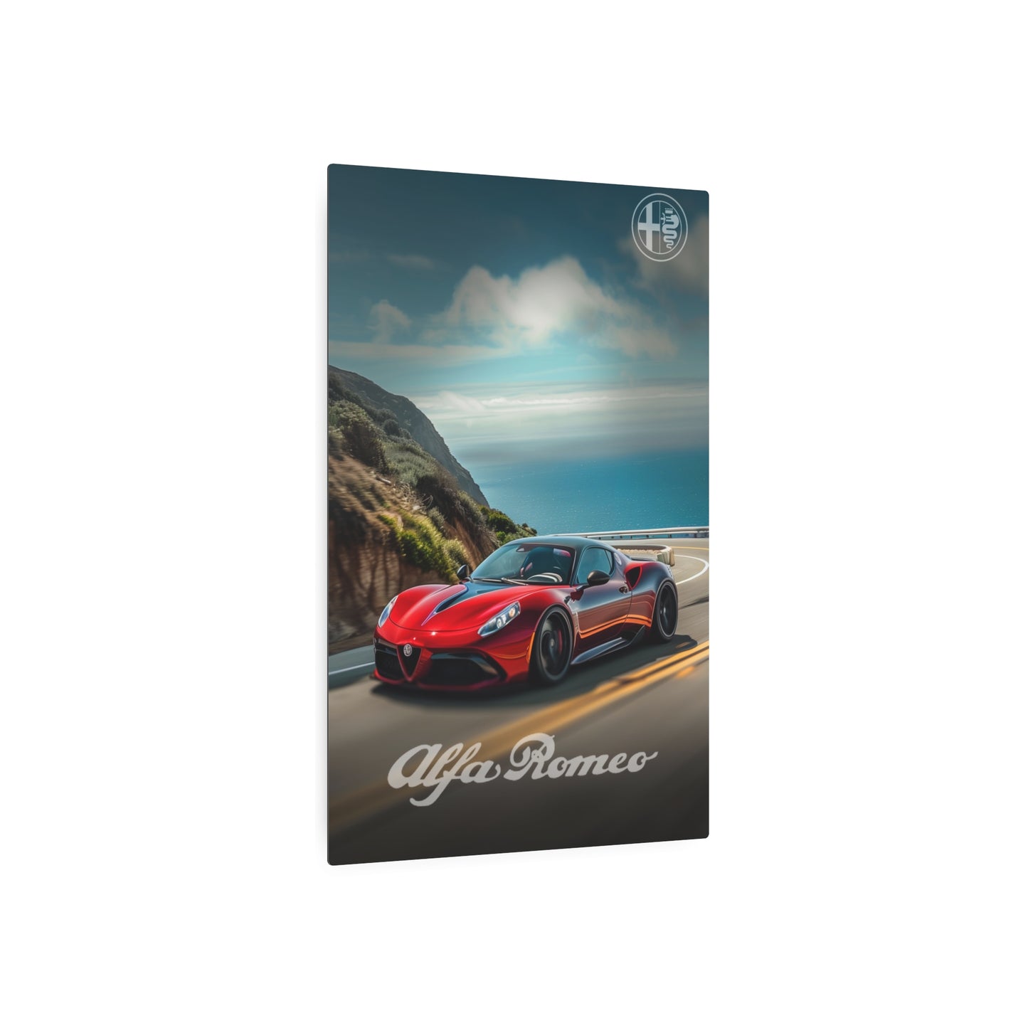 Velocity Aesthetics: Alfa Romeo's Elegance on the Coastal Drive (Metal Art Sign)